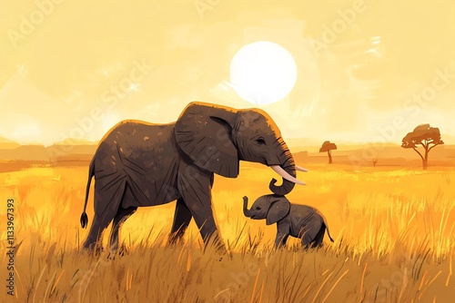 Affectionate Elephant Calf Nuzzles Protective Mother in Ochre Hued African Grassland at Sunset photo