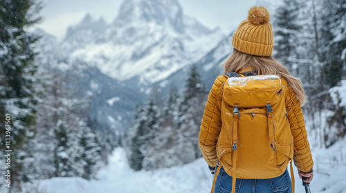 woman hiking in the winter mountains, viewed from behind, as sunlight shines from the side, symbolizing strength, solitude, and the journey through challenges amidst nature's chaos