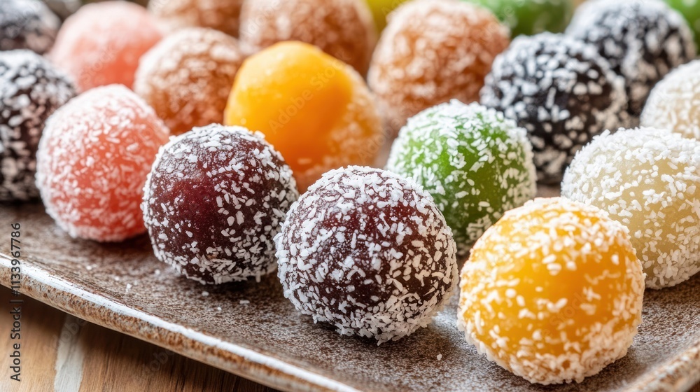 A plate of colorful, coated sweet treats resembling traditional confections. A plate of colorful, coated sweet treats resembling traditional confections.