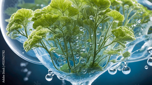 close up view of vibrant green plants submerged in water, showcasing natural transpiration and intricate process of water movement through leaves. image captures beauty of nature