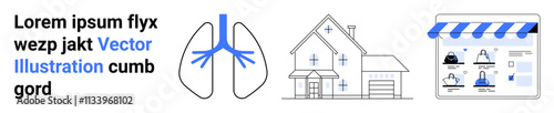 Medical diagram showing lungs, a two-story house sketch, and an online store interface. Ideal for healthcare, real estate, e-commerce, educational content, technology, architecture infographics