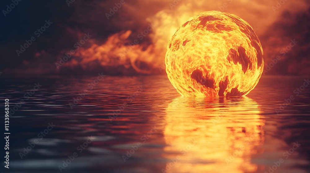 Fiery Orb Reflecting On Calm Water Surface Fiery Orb Reflecting On Calm Water Surface