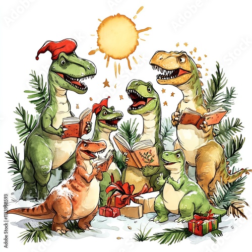 Dinosaurs joyfully celebrating with carols and gifts under the sunlit holiday cheer.
