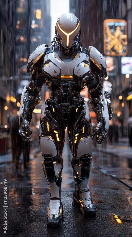 Futuristic Robot Figure Standing in Urban Environment Under Rain with Neon Lights Reflecting Off Wet Pavement in Busy City Street Futuristic Robot Figure Standing in Urban Environment Under Rain with Neon Lights Reflecting Off Wet Pavement in Busy City Street