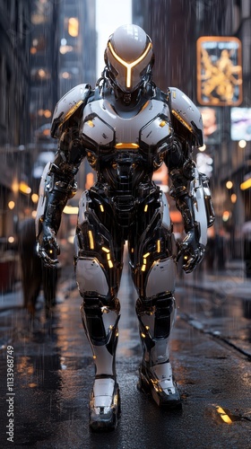 Futuristic Robot Figure Standing in Urban Environment Under Rain with Neon Lights Reflecting Off Wet Pavement in Busy City Street