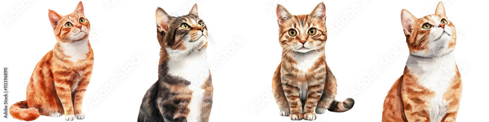 Obraz premium Charming Barn Cats in Cozy Countryside Watercolor Clipart Adorable Feline Pets Sitting and Posing with Playful Curious Expressions in a Rustic Farm Setting