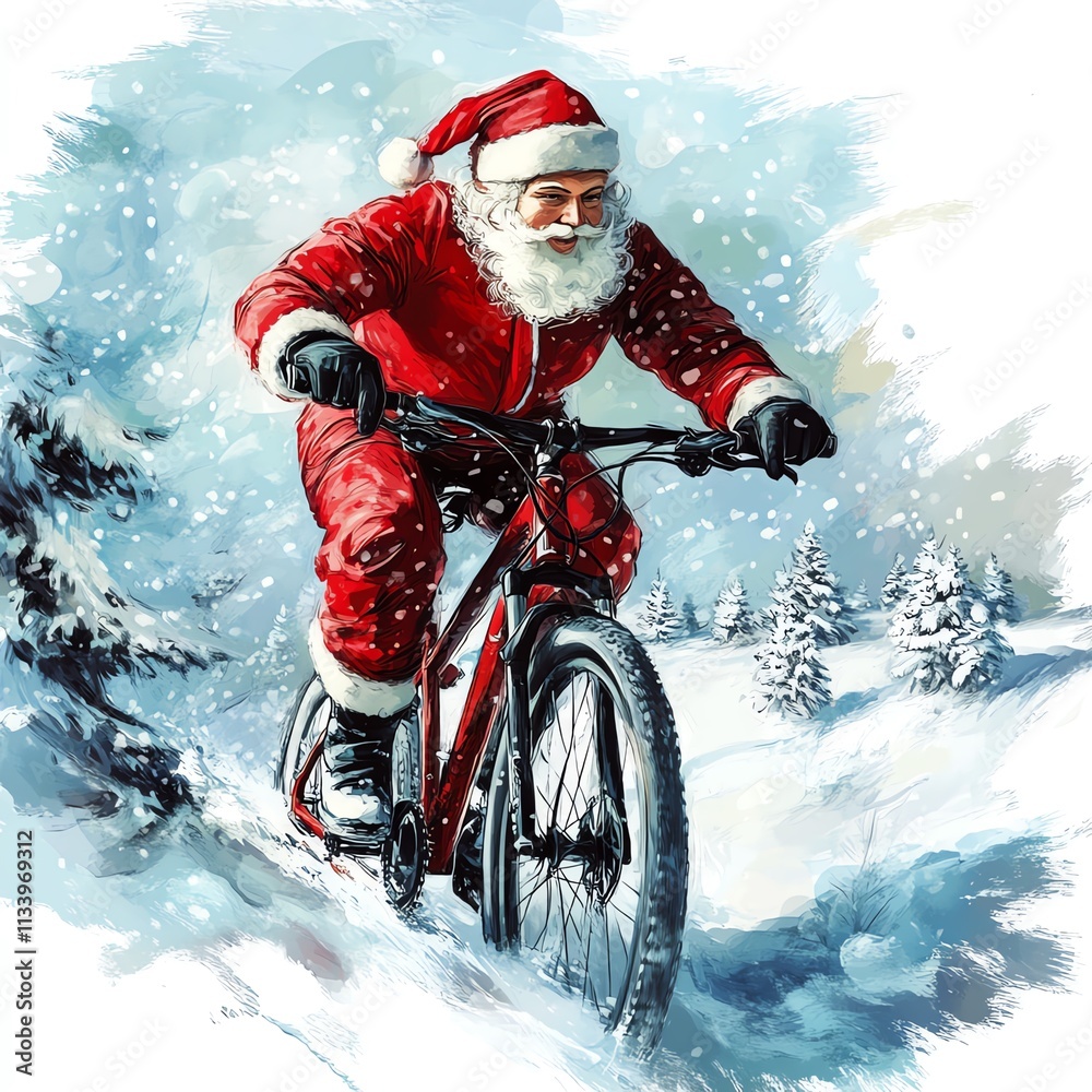 Santa Claus joyfully biking through a snowy landscape during the festive season. Santa Claus joyfully biking through a snowy landscape during the festive season.