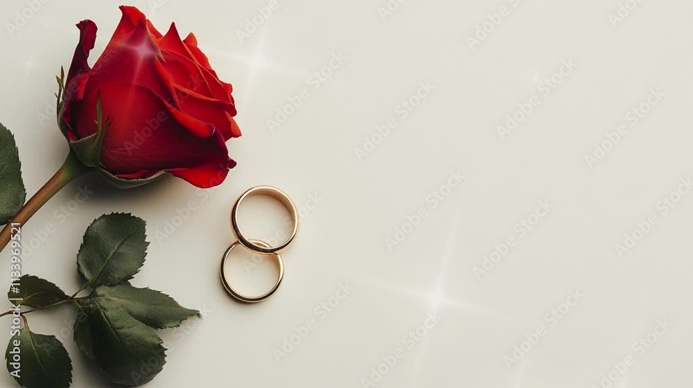 wedding rings and red flowers with white background, wedding day, copy space for video footage