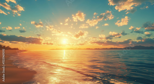 Sunset over calm ocean waters reflects golden hues and features distant islands in tranquil sky