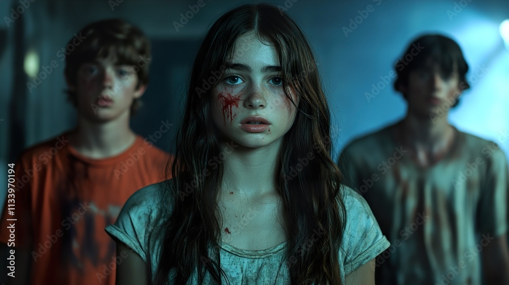 Injured Girl with Friends in a Dark Setting