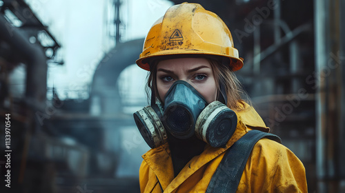 A woman adorned in a vibrant yellow helmet and protective gas mask stands confidently in a hazardous work environment. Her sturdy attire hints at the dangerous nature of her surroundings.  photo