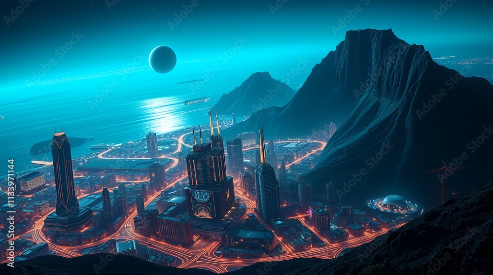 A beautiful, deep-teal, futuristic, sci-fi-inspired picture of Cape Town that incorporates space and cutting-edge technology A beautiful, deep-teal, futuristic, sci-fi-inspired picture of Cape Town that incorporates space and cutting-edge technology