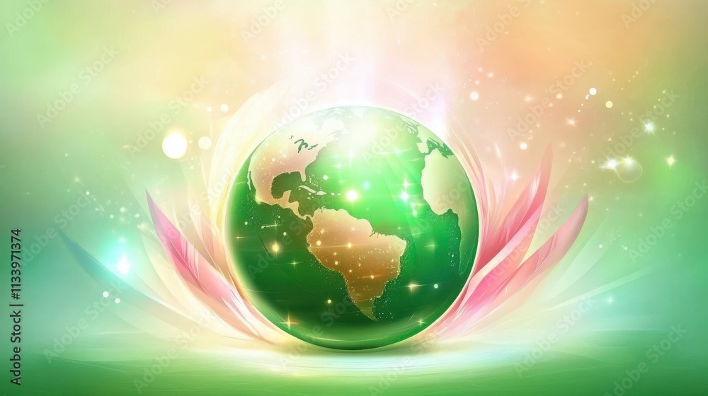 Vibrant Illustration of the Earth Surrounded by Colorful Light and Natural Elements Representing Harmony, Environmental Awareness, and Global Unity Vibrant Illustration of the Earth Surrounded by Colorful Light and Natural Elements Representing Harmony, Environmental Awareness, and Global Unity