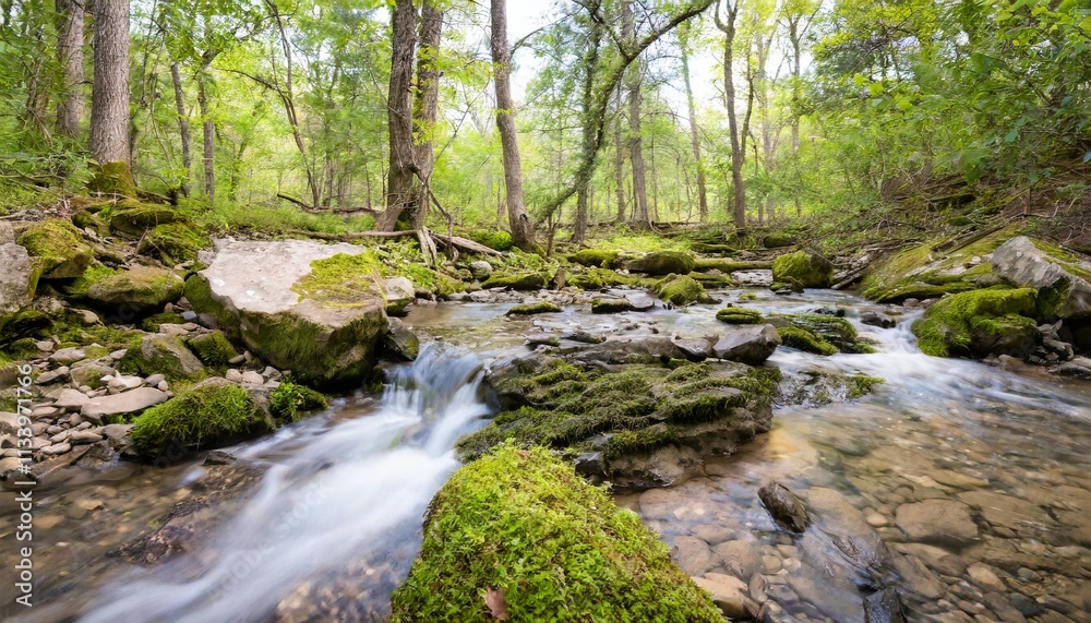 Gentle Stream Flowing Through Mossy Rocks in a Peaceful Forest Glade Gentle Stream Flowing Through Mossy Rocks in a Peaceful Forest Glade