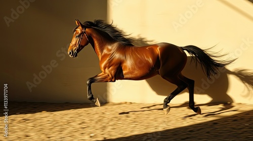 Strong, hard light was used to capture a running horse, producing a pronounced split effect with contrasting regions of direct, harsh shadows and bold patches of light. photo