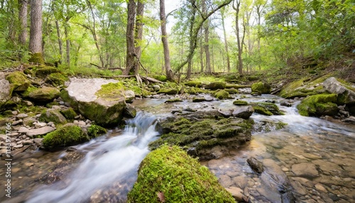 Gentle Stream Flowing Through Mossy Rocks in a Peaceful Forest Glade