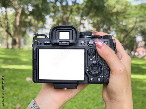 Female Hands photographer holding a digital camera taking pictures with empty screen display in park outdoor.