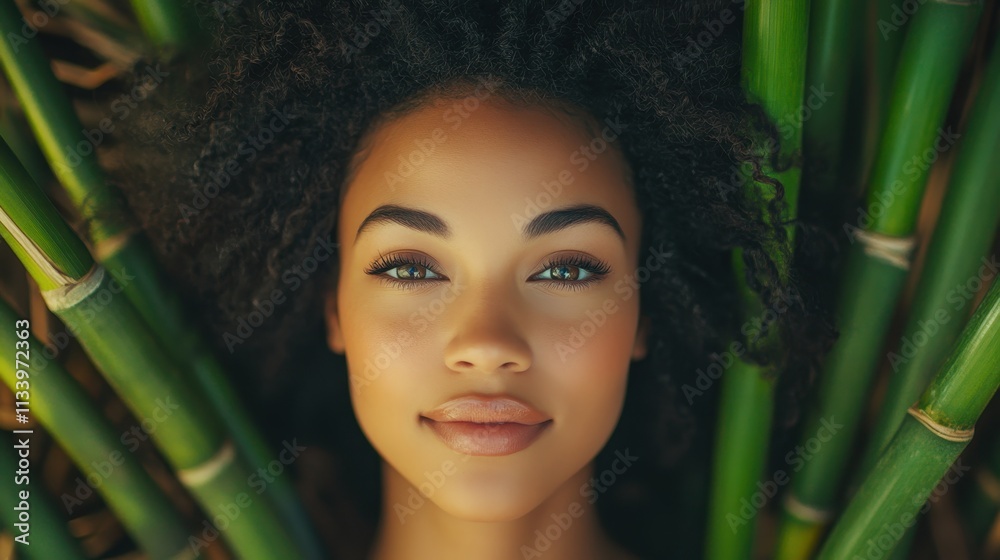 Close-up of a serene Black woman amidst lush green bamboo. Perfect for beauty, nature, and wellness-related projects. Close-up of a serene Black woman amidst lush green bamboo. Perfect for beauty, nature, and wellness-related projects.