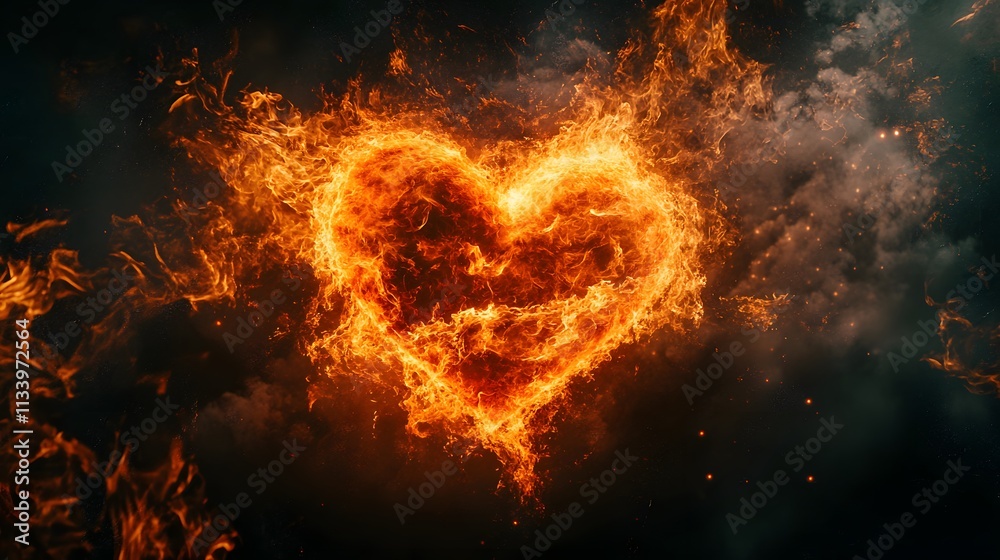 Fiery Heart Burning Brightly In The Dark Night Sky