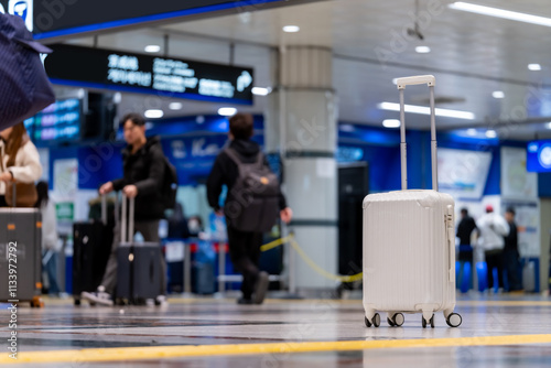 Travel, The suitcases in an empty airport hall, traveler cases in the departure airport terminal waiting for the area, vacation concept, blank space for text message or design, luggage for travel. photo