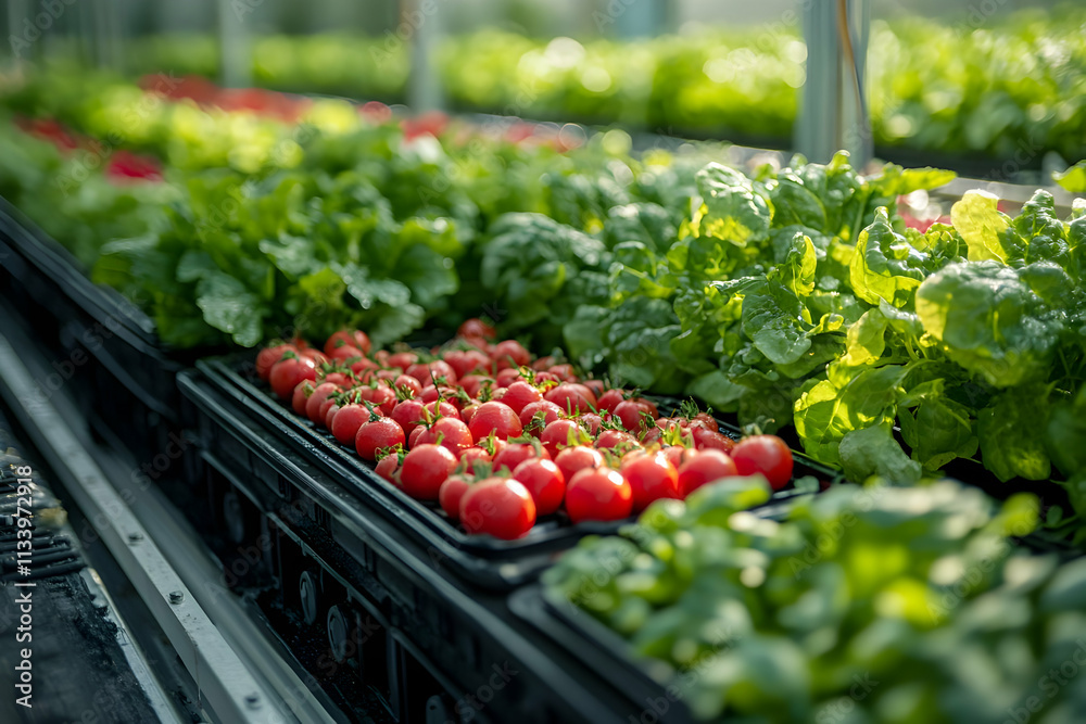 Fresh produce in a greenhouse, showcasing tomatoes and leafy greens. Fresh produce in a greenhouse, showcasing tomatoes and leafy greens.