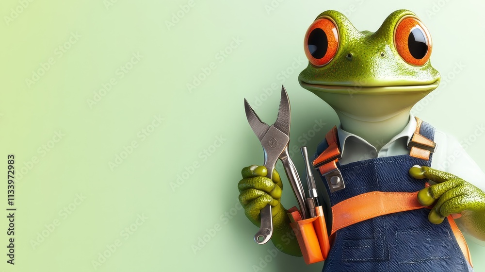 Obraz premium Industrious Frog in Work Attire with Pliers on Light Green Background