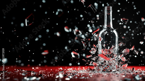 Dynamic Shattering Wine Bottle with Transparent Glass Pieces Flying in High-Speed Capture photo