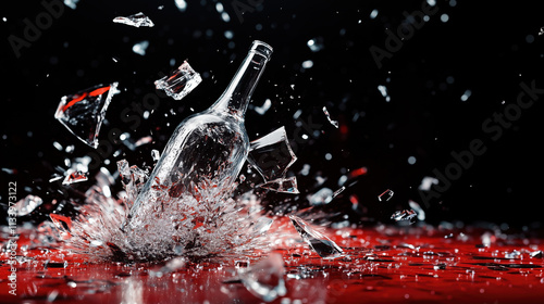 Dramatic Black Background High-Speed Shot of Wine Bottle Breaking into Fragments photo