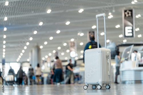 Travel, The suitcases in an empty airport hall, traveler cases in the departure airport terminal waiting for the area, vacation concept, blank space for text message or design, luggage for travel.