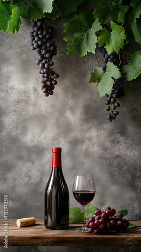 Red Wine Bottle, Glass, and Grapes on River Table with Limestone Wall and Vine Leaves photo