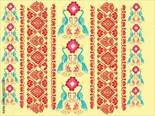 tribal pattern ( Assamese pattern ) of northeast India which is used for textile design in Assam Gamosa , muga silk or other traditional dress. similar to Ukrainian pattern or Russian pattern.	