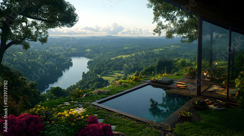Luxury villa infinity pool overlooking valley or canyon, modern house with glass walls and wooden deck, serene landscape with river or lake, for travel or real estate website