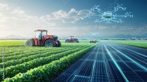 Modern Agriculture Innovations Featuring Tractors and Drones Over a Green Field with Digital Farming Elements Under a Clear Sky