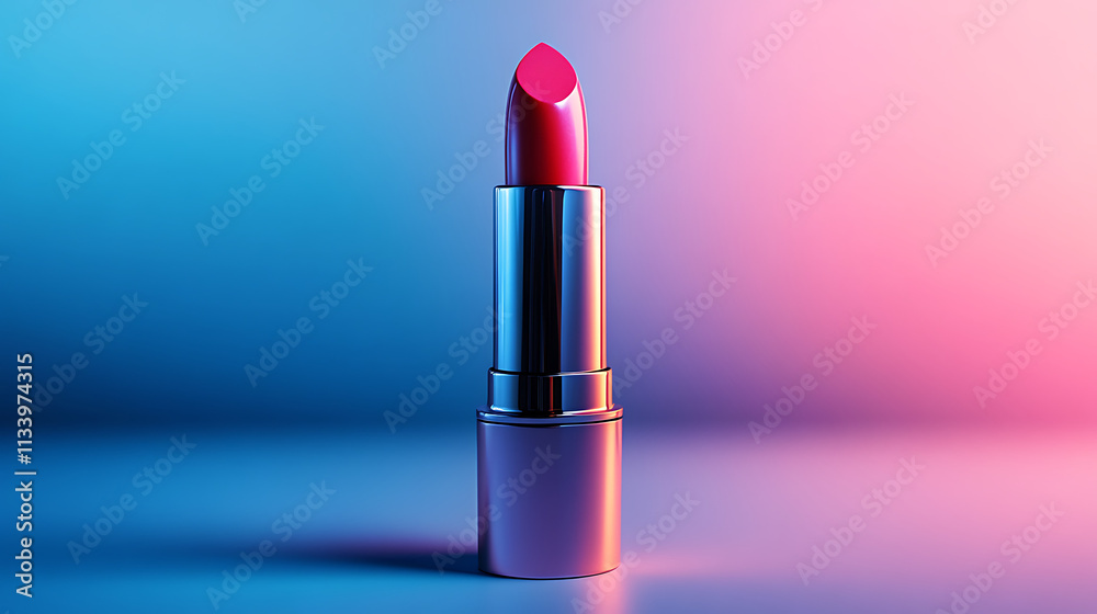 Vibrant pink lipstick with a metallic finish on a gradient blue and pink background - Generated AI Vibrant pink lipstick with a metallic finish on a gradient blue and pink background - Generated AI