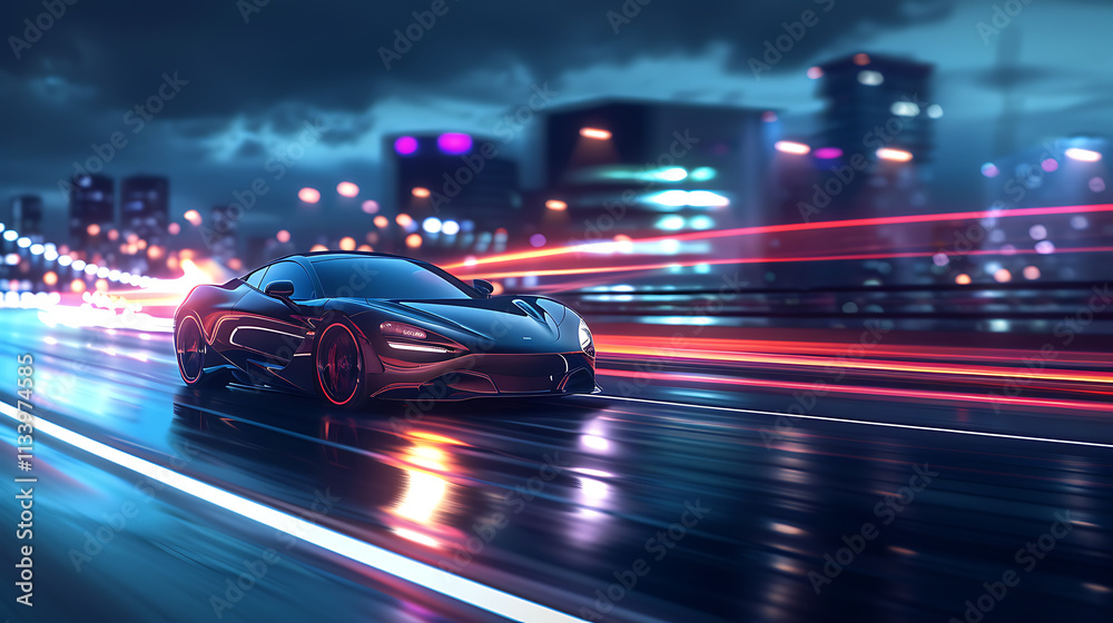 High-performance sports car racing on a wet city road at night with neon lights - Generated AI High-performance sports car racing on a wet city road at night with neon lights - Generated AI