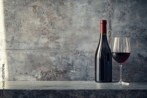 Contemporary wine photography with Bourgogne red wine and glass in a sleek industrial setting. photo