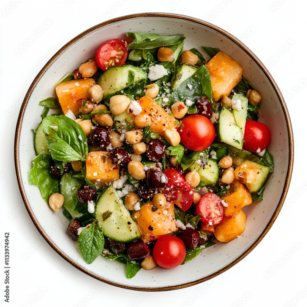 A bowl of salad with tomatoes, cucumbers, and chickpeas