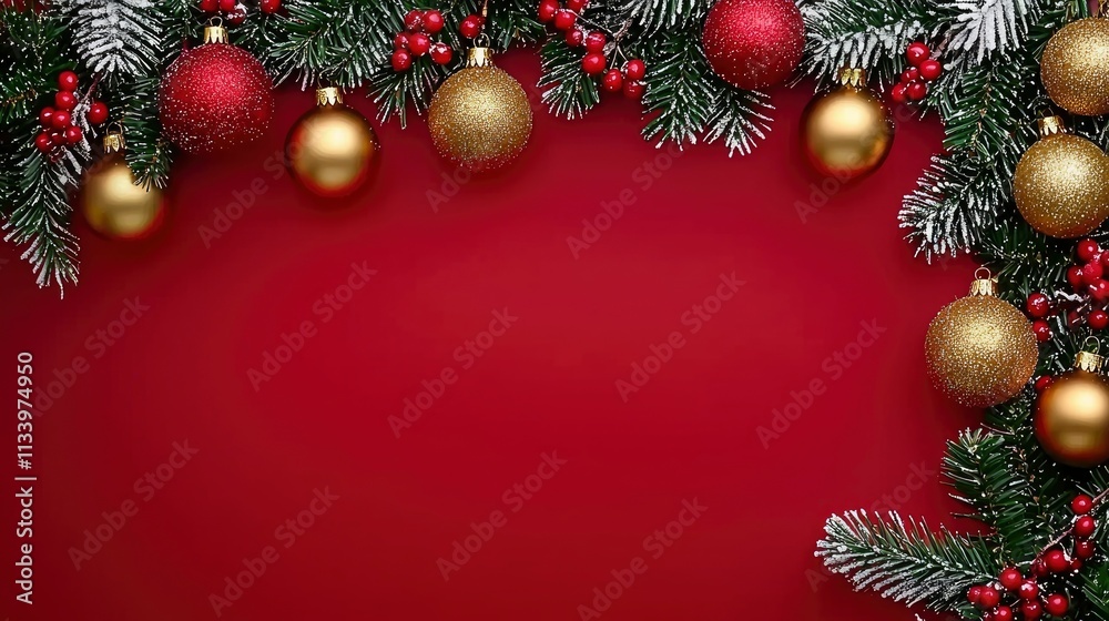 Festive Christmas Border with Red and Gold Ornaments and Snowy Fir Branches on Red Background Festive Christmas Border with Red and Gold Ornaments and Snowy Fir Branches on Red Background