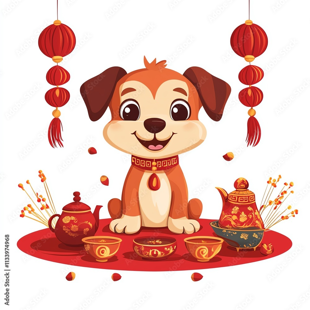 A cute cartoon dog celebrating a festive occasion with decorations and tea set. A cute cartoon dog celebrating a festive occasion with decorations and tea set.