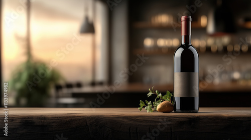 Elegant Wine Bar Setting with Bottle of Wine and Artistic Blurring photo