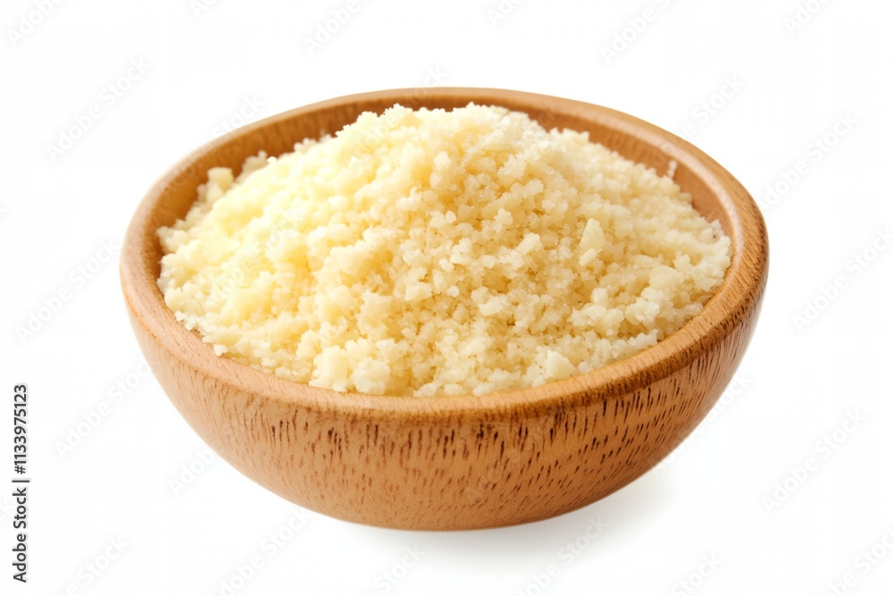A bowl of white granules sits on a white background