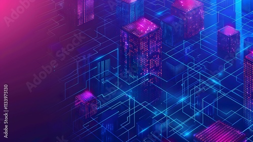 A futuristic cityscape rendered in vibrant neon colors with glowing neon blue lines connecting buildings, creating a sense of interconnectedness and technological advancement. photo