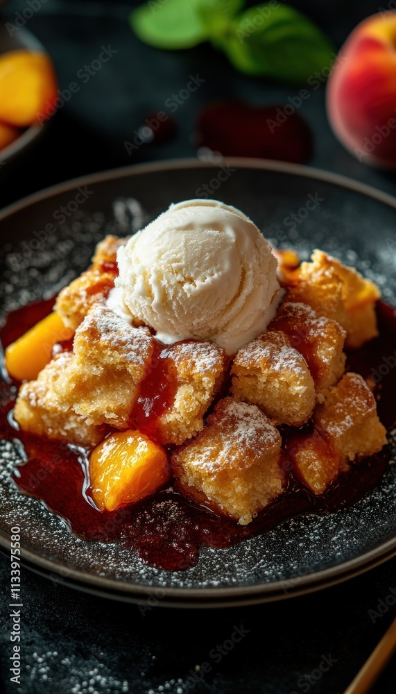 A delicious dessert featuring peach cobbler topped with ice cream and drizzled with sauce. A delicious dessert featuring peach cobbler topped with ice cream and drizzled with sauce.