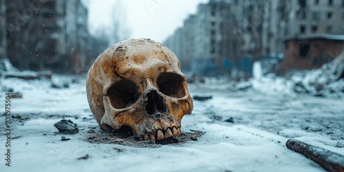 A skull is laying on the ground in a snowy field. The skull is surrounded by snow and he is partially buried. Concept of desolation and abandonment