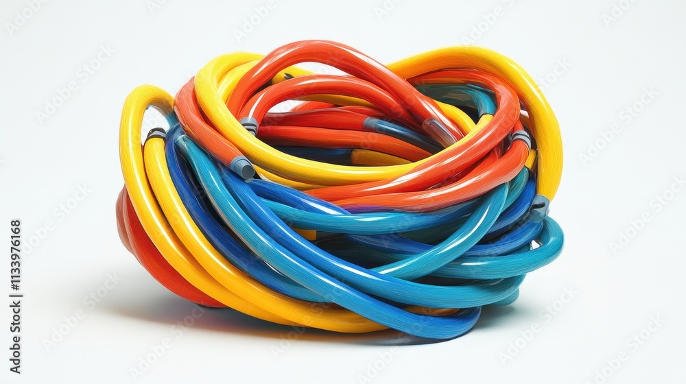 Colorful tubes tangled in a vibrant knot. Ideal for concepts of connection, complexity, or vibrant energy. Colorful tubes tangled in a vibrant knot. Ideal for concepts of connection, complexity, or vibrant energy.
