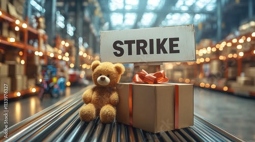 Strike Sign, Teddy Bear, and Undelivered Gift on Conveyor Belt in Distribution Warehouse photo