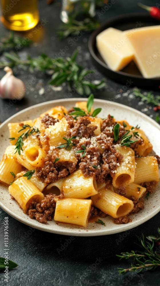 A plate of rigatoni pasta topped with meat sauce and herbs, garnished with cheese. A plate of rigatoni pasta topped with meat sauce and herbs, garnished with cheese.