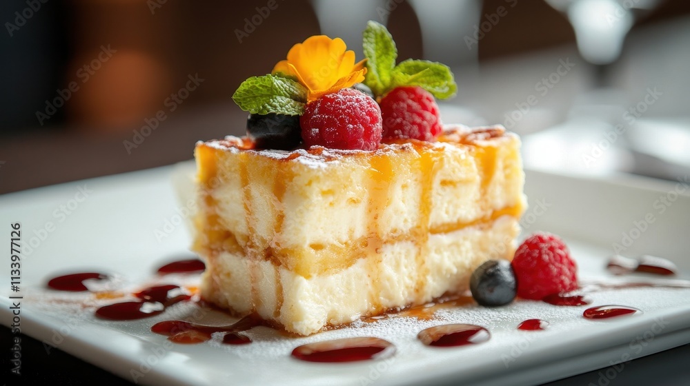 Delicious layered dessert with berries & sauce. Perfect for menus, food blogs, or culinary websites. Delicious layered dessert with berries & sauce. Perfect for menus, food blogs, or culinary websites.