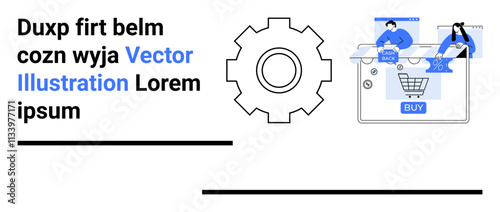Gear icon beside two people interacting with e-commerce elements on a tablet screen. Ideal for website development, e-commerce, online shopping, tech solutions, software design, business strategy