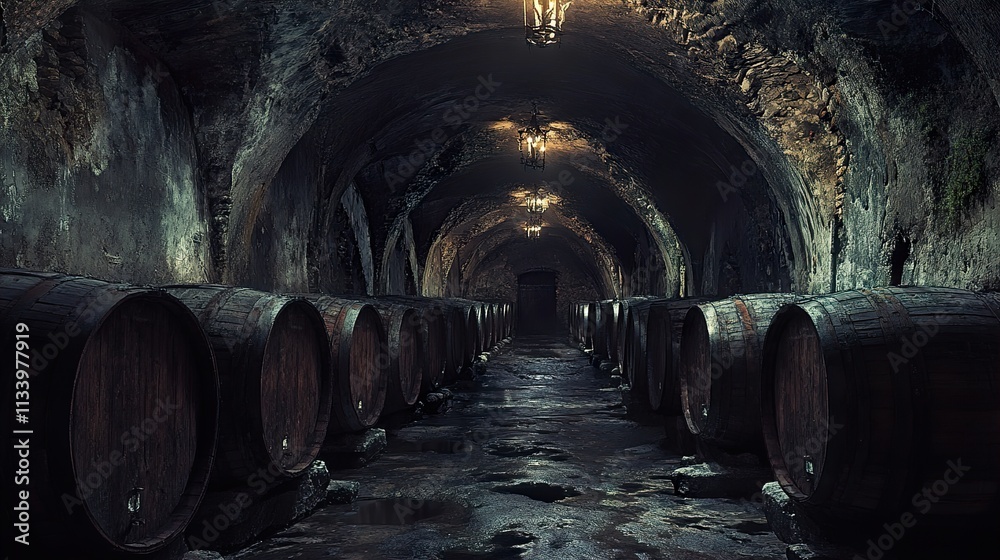 Dark Wine Cellar: Aged Barrels in Historic Stone Vault Dark Wine Cellar: Aged Barrels in Historic Stone Vault